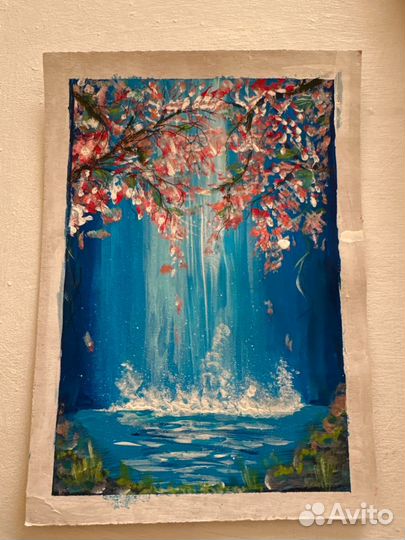 Картина акрил Водопад в сакуре 18х24см