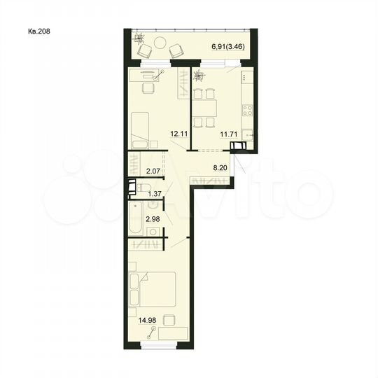 2-к. квартира, 56,9 м², 3/5 эт.