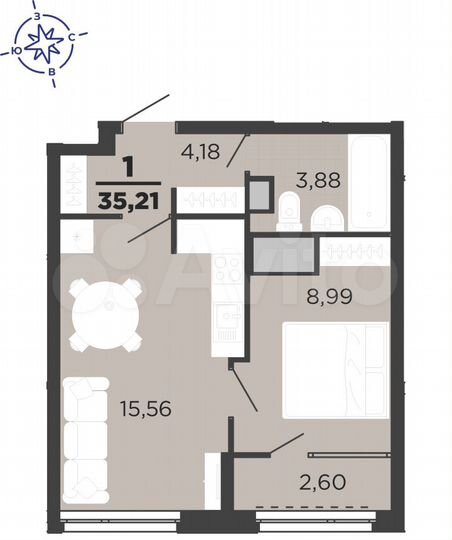 1-к. квартира, 35,2 м², 9/25 эт.