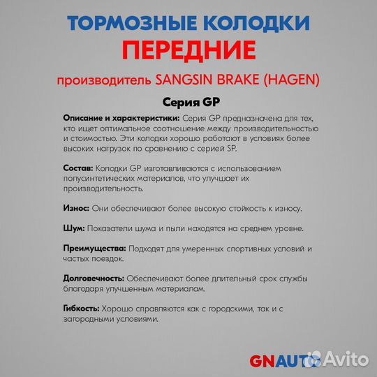 Тормозные колодки передние GP1678 Sangsin Brake