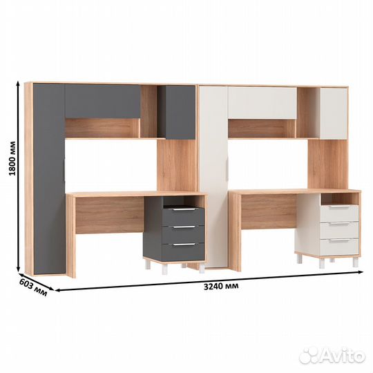 Два рабочих стола Mobi Комфорт 12.95N цвет дуб сонома/белый/серый, (шхгх) 324х60,3х180 см