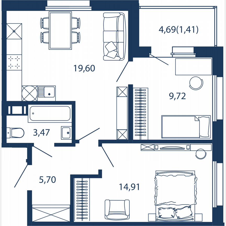 3-к. апартаменты, 54,8 м², 2/5 эт.
