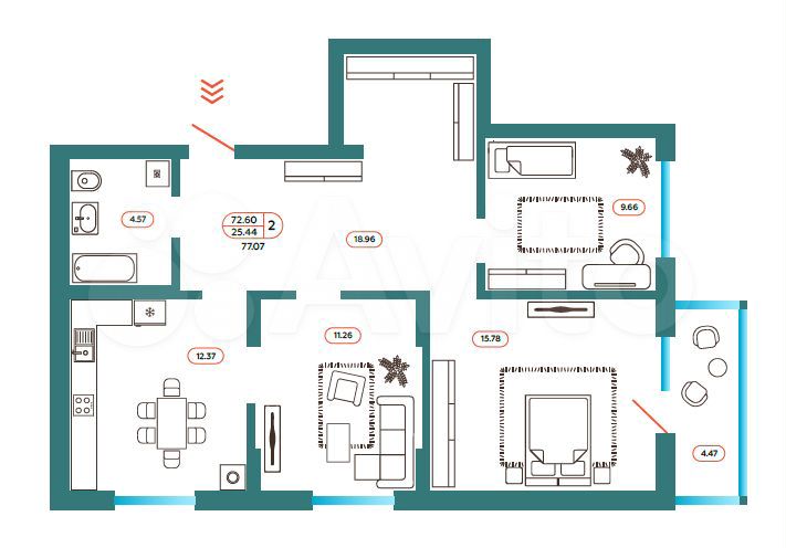 2-к. квартира, 77,1 м², 1/9 эт.