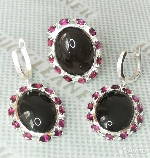 Серьги, кольцо серебро раухтопаз разм.18,5 С059