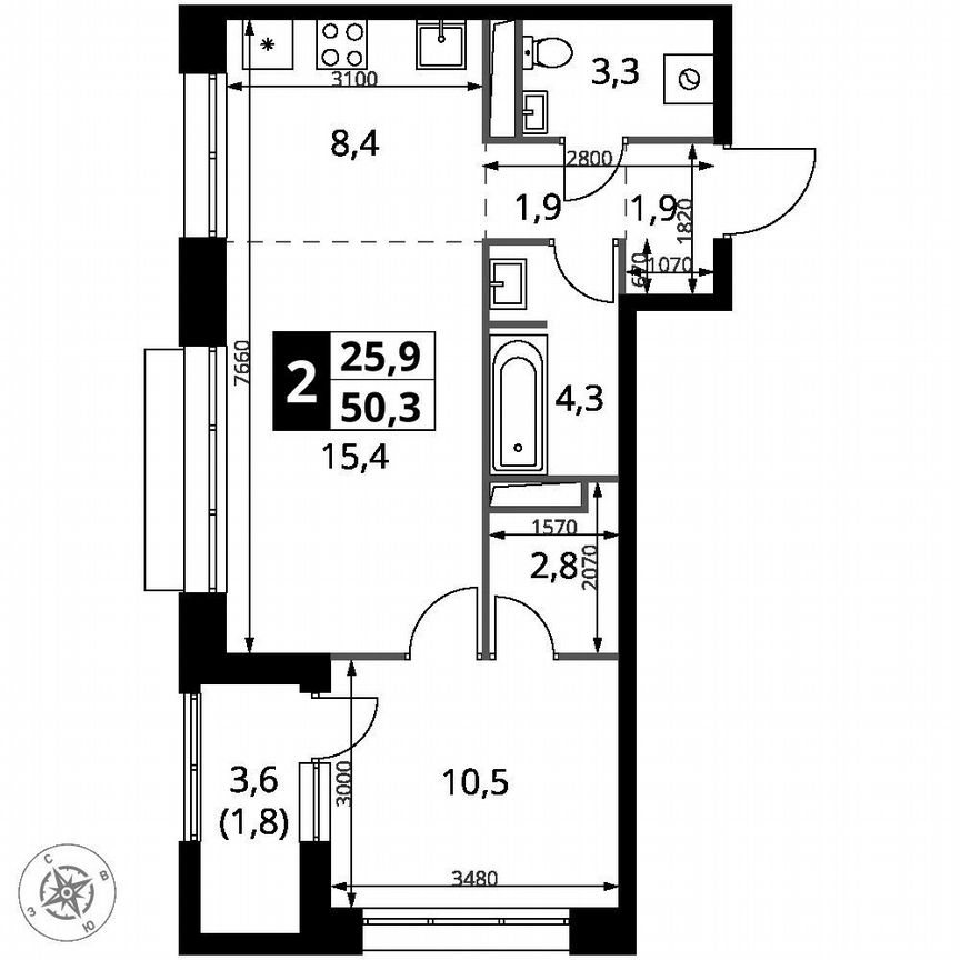 1-к. квартира, 50,3 м², 3/21 эт.