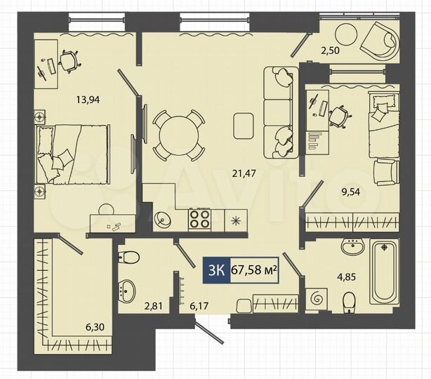 2-к. квартира, 67,6 м², 1/4 эт.