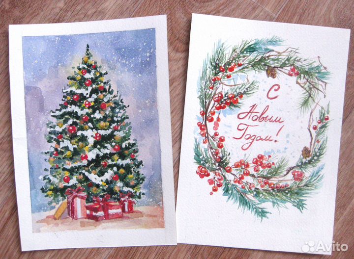 Новогодние акварельные открытки ручной работы