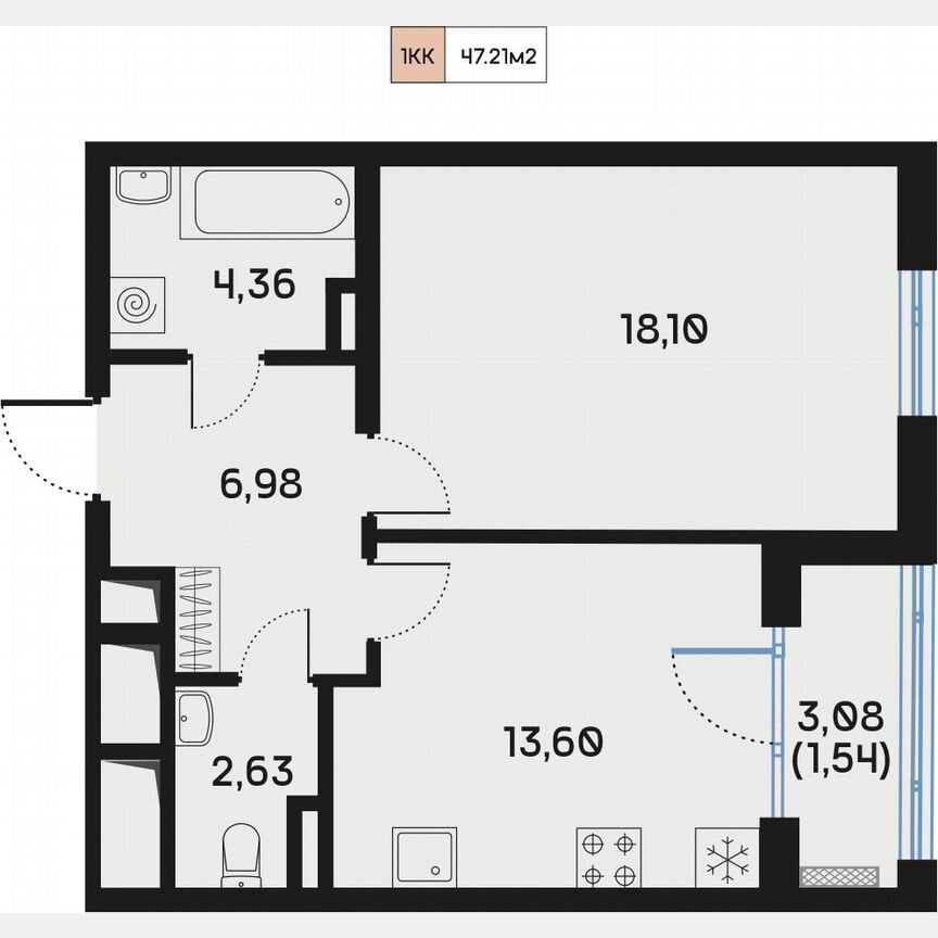 1-к. квартира, 47,3 м², 5/9 эт.
