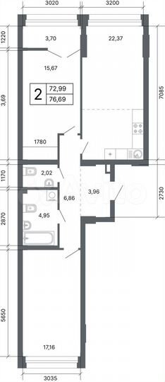 2-к. квартира, 76,6 м², 3/24 эт.