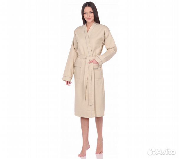 Халат вафельный Home One с кантом бежевый 44