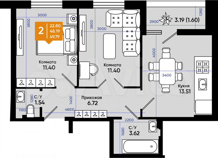 2-к. квартира, 49,8 м², 4/9 эт.