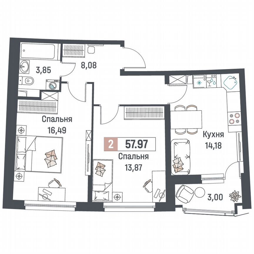 2-к. квартира, 58 м², 2/18 эт.