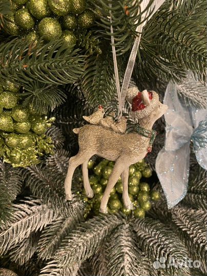 Новогодняя елочная игрушка олененок С птичками