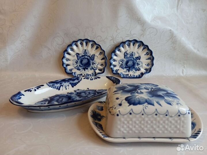 Посуда СССР Гжель блюдо для рыбы блюдца