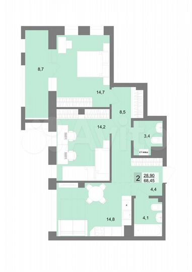 2-к. квартира, 67,7 м², 8/31 эт.
