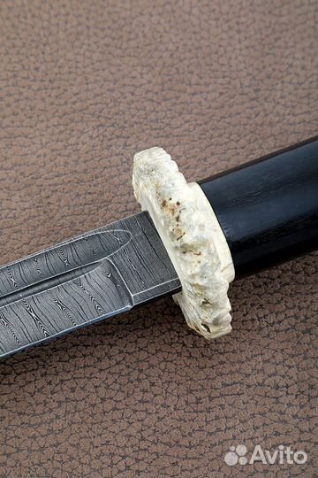 Нож Танто большой дамаск черный граб рог лося дере