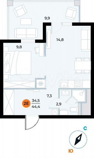 1-к. апартаменты, 44,4 м², 5/7 эт.