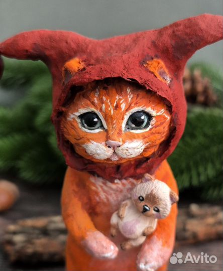 Ватная елочная игрушка Рыжий котик в шапочке