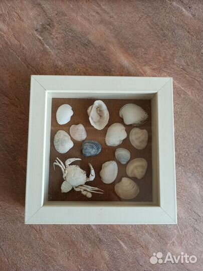 Панно ракушки, краб в объёмной раме под стеклом