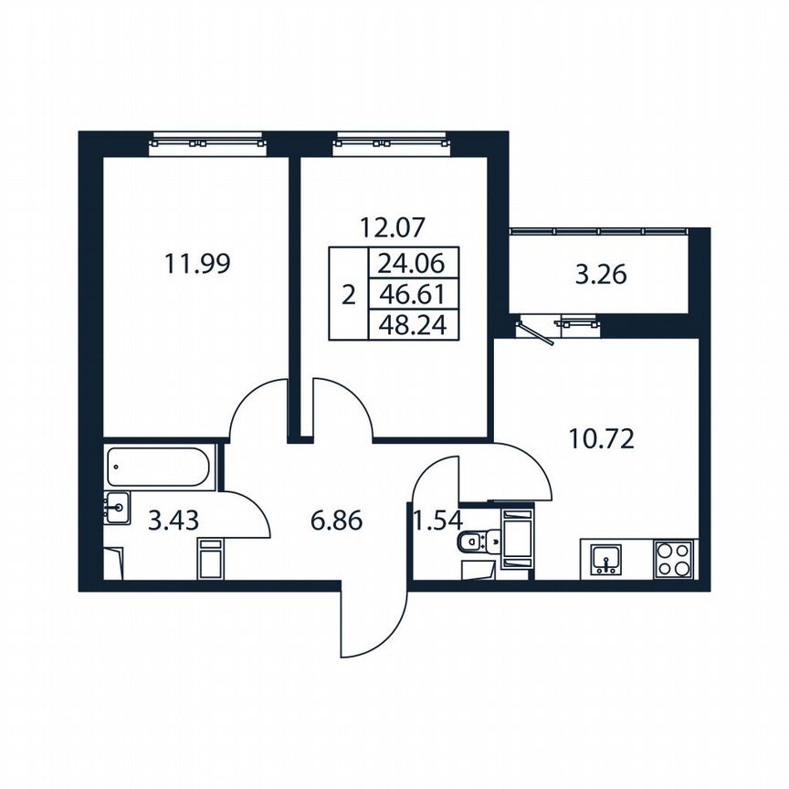 2-к. квартира, 48,2 м², 2/12 эт.