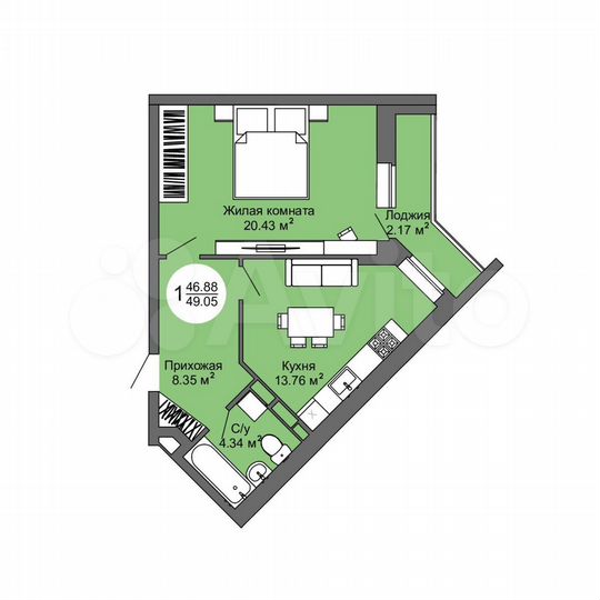 1-к. квартира, 49,1 м², 7/17 эт.