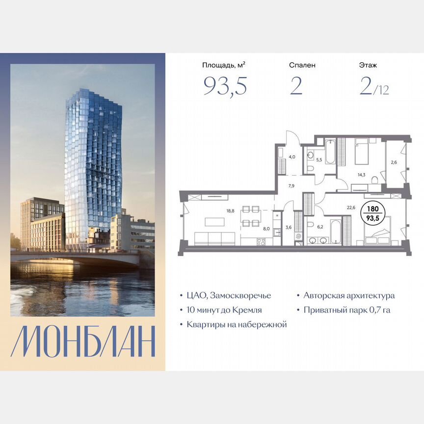 2-к. квартира, 93,5 м², 2/12 эт.