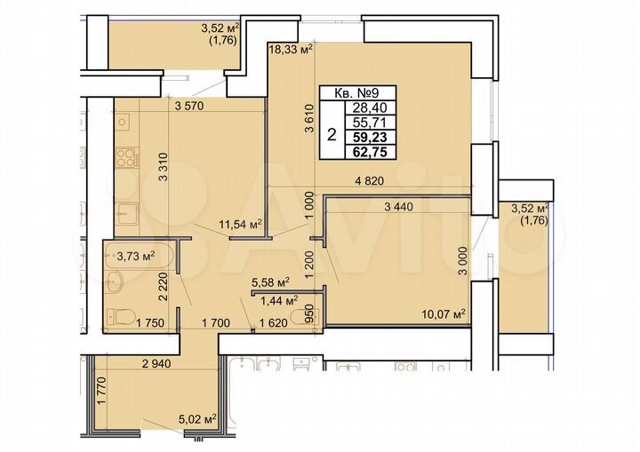 2-к. квартира, 59,2 м², 1/9 эт.