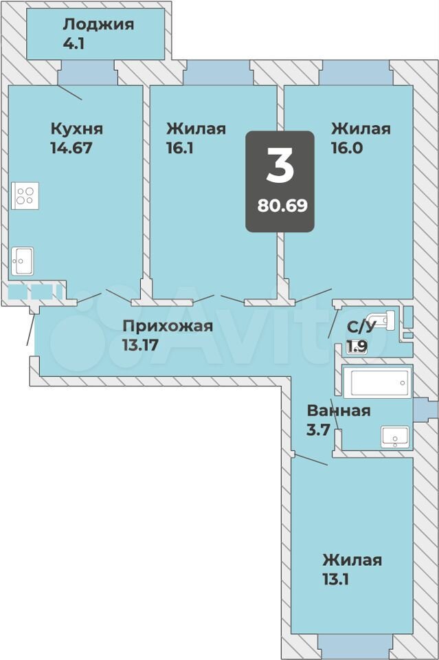 3-к. квартира, 80,7 м², 5/14 эт.