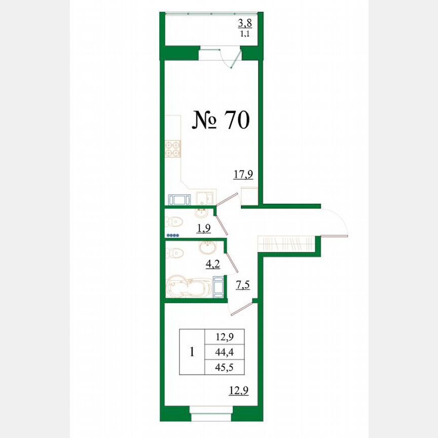 1-к. квартира, 45,5 м², 8/8 эт.