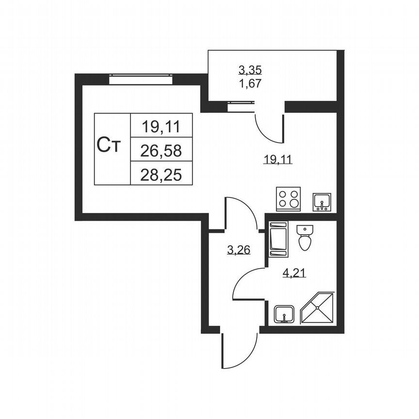 Квартира-студия, 28,3 м², 12/19 эт.