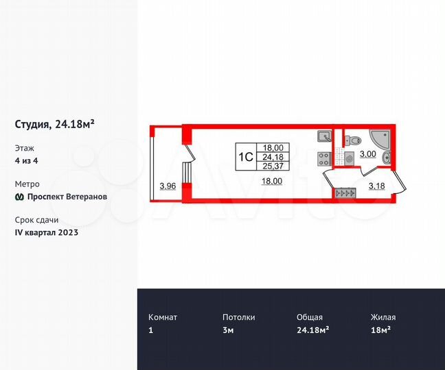 Квартира-студия, 24,2 м², 4/4 эт.