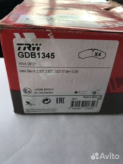Колодки задние TRW GDB 1345 для iveco