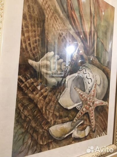 Картина 35х44см «На берегу» морской натюрморт, акв