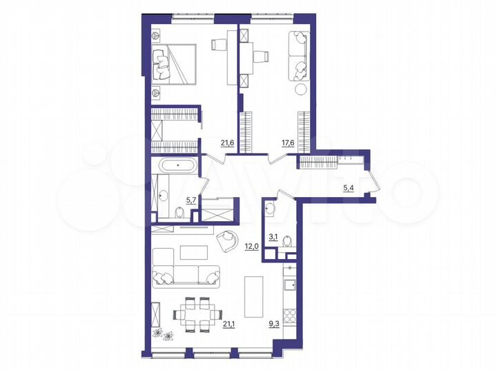 3-к. квартира, 95,9 м², 2/7 эт.