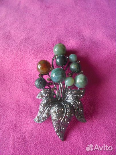 Брошь натур яшма варисцит кварц Китай