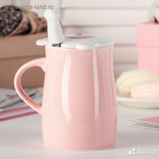 Кружка керамическая с крышкой и ложкой «Лапка», 35