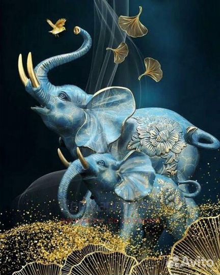 Картина по номерам 40x50 Слоны и золотые лепестки
