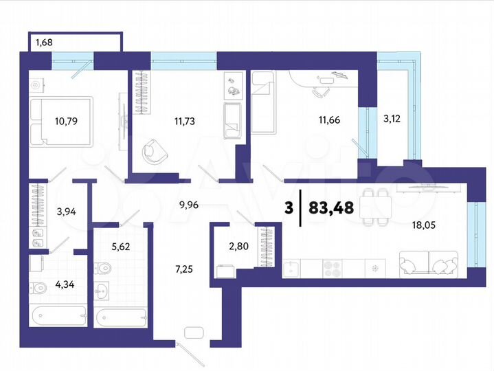 3-к. квартира, 83,5 м², 7/24 эт.