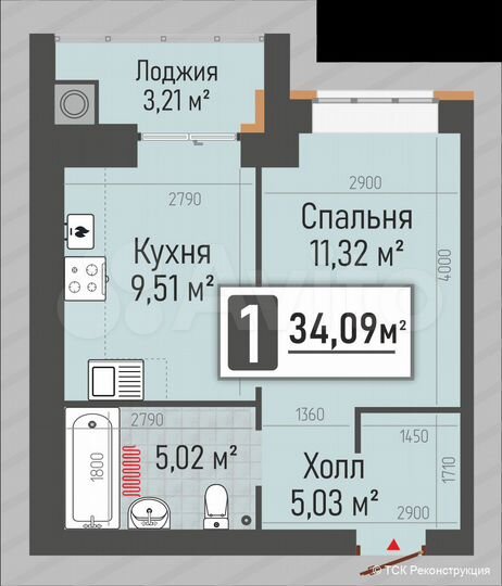 1-к. квартира, 34,1 м², 2/10 эт.