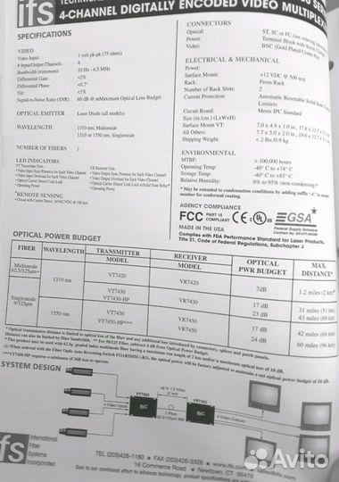 Ifs VT7430 передатчик 4х видео сиг по оптоволокну