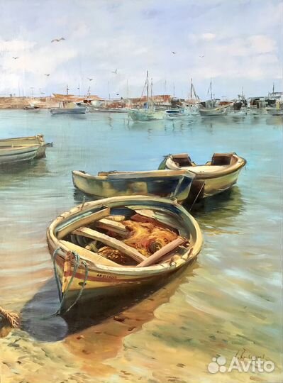 Картина маслом на холсте пейзаж с лодками