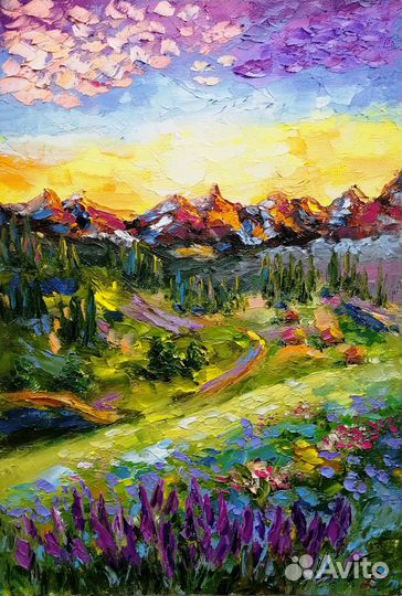 Пейзаж с горами Картина маслом Горная долина