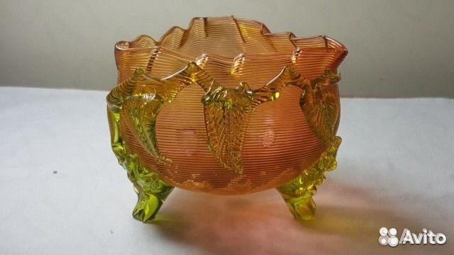 Ваза ладья оранжевое и урановое стекло 2 шт