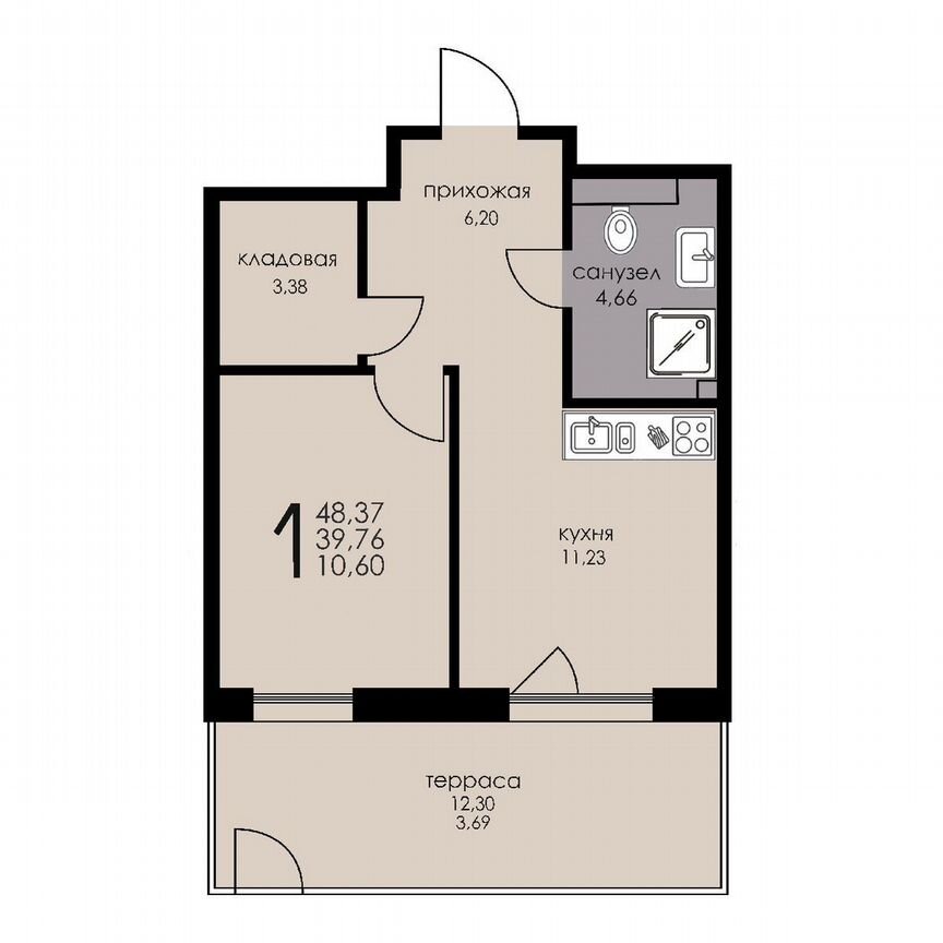 1-к. апартаменты, 49,2 м², 1/6 эт.