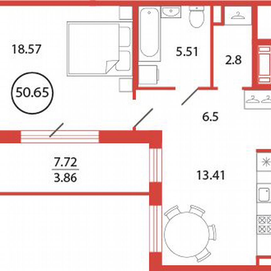 1-к. квартира, 50,7 м², 4/12 эт.