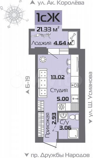 1-к. квартира, 21,4 м², 19/19 эт.