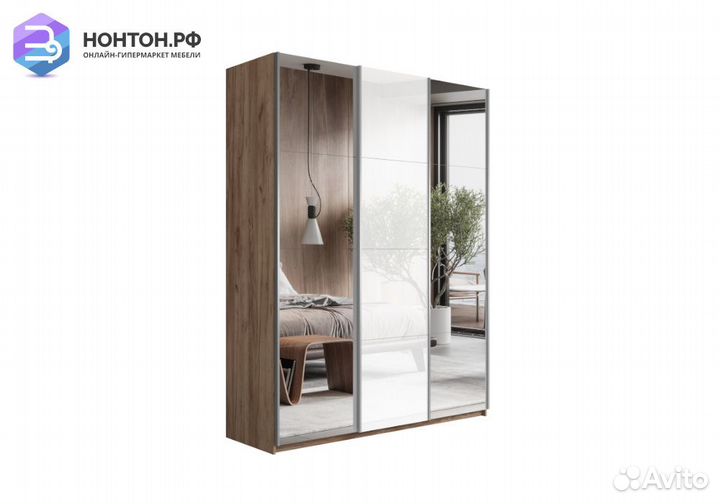 Шкаф-купе 3-х створчатый с зеркалами Прайм белое с