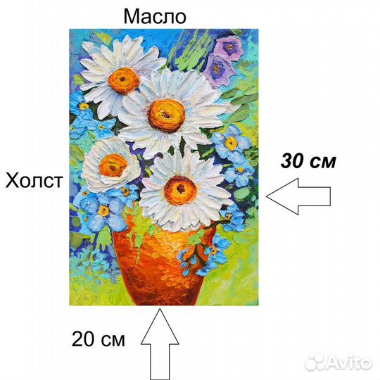 Картина Ромашки букет и незабудки ваза Цветы масло