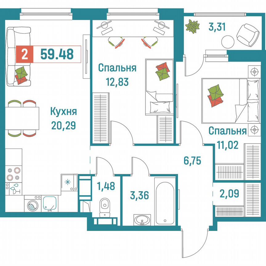 2-к. квартира, 59,5 м², 9/18 эт.