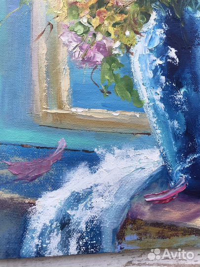 Картина маслом Букет роз в вазе на окне